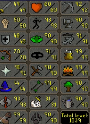 Main | 1830 Total | 130+ QP | 4x 99 Trade Skills | Skilling Outfits | Rare Pet