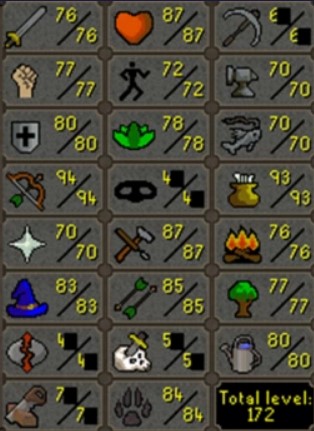Main | 1720+ Total | 210+ QP | 76 Attack | 77 Strength | 80 Defence | 94 Range | 70 Prayer | 83 Magic | Graceful | Fire Cape