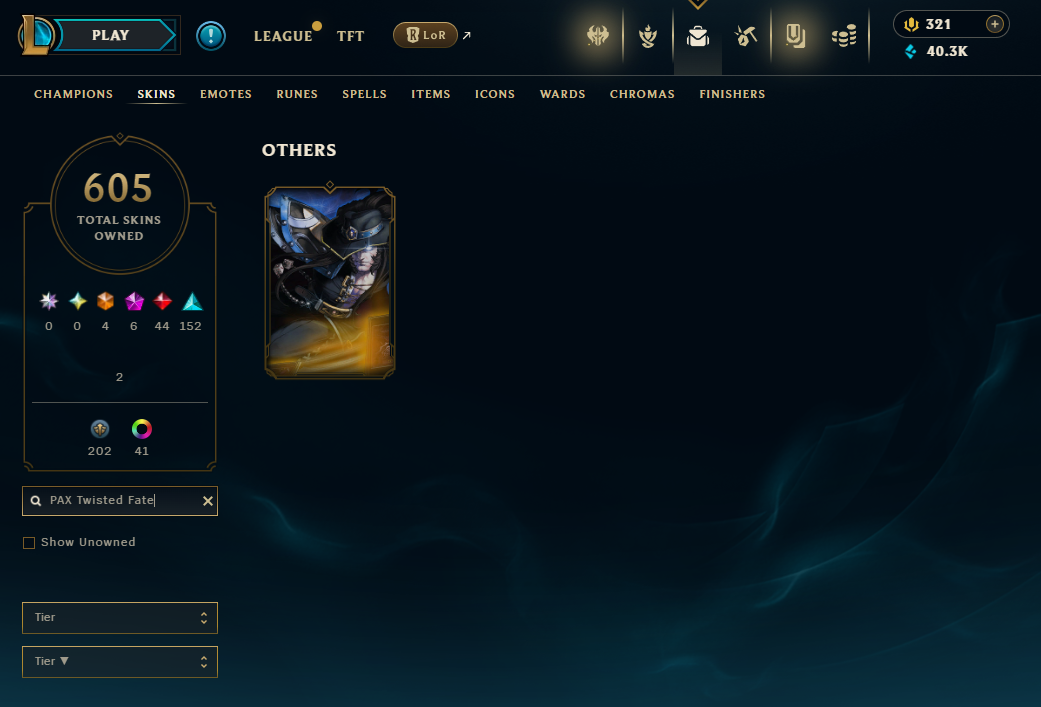 NA | 605 Skins | 162 Champions | PAX Twisted Fate , Young Ryze , Silver Kayle | 5 Mythics | ChicksQLOLS02