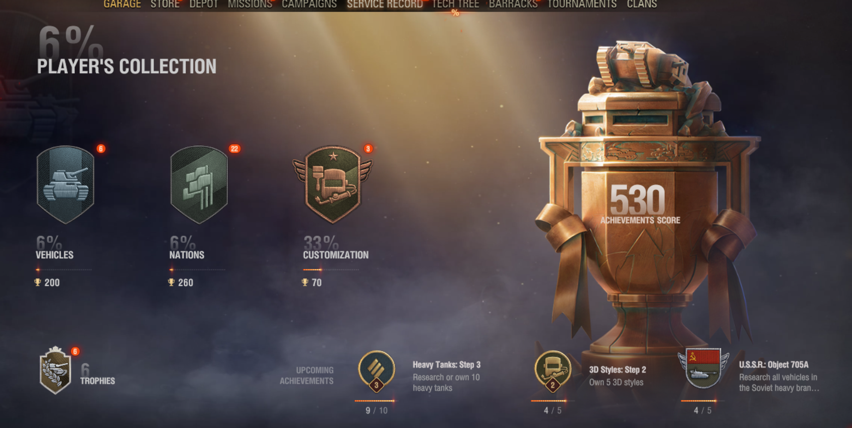 EU | 8 Premium Tanks | 1 Tier X tank, 1 Tier IX tank, 2 Tier VIII tanks | 6 Trophies | 530 Achievements Score