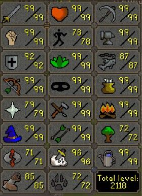 Main | 2110+ Total Level | 321 QPs | 99 Attack | 99 Strength | 99 Ranged | 99 Mage | 96 Slayer | Firecape | D Def | Skilling Outfits | Rare Pets
