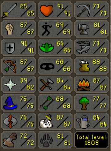 Main | 1800+ Total | 220+ QP | 85 Attack | 87 Strengh | 91 Defence | 87 Range | 82 Prayer | 75 Magic | Fire Cape | Graceful