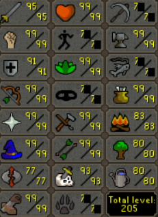 Main | 2050 Total | 321 QP | 95 Atk | 99 Str | 91 Def | 99 Rng | 99 Mgc | Ferocious Gloves | Avernic | Graceful | Barrow Gloves | Ava - ChicksNOS124