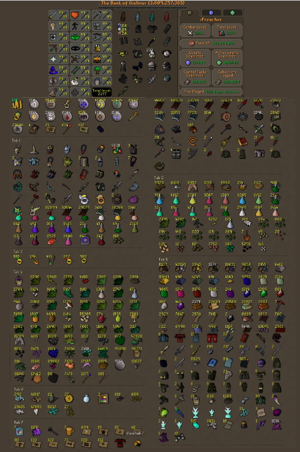 Maxed Ironman | 2277 Total | 290+ QP | Infernal Max Cape | E Void | Ferocious Gloves | Skilling Outfits | 5B+ Bank