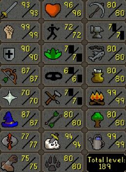 Main | 1890+ Total | 275 QP | 93 Attack | 99 Strength | 90 Defence | 87 Range | 87 Magic | Fire Cape | B Gloves | Graceful
