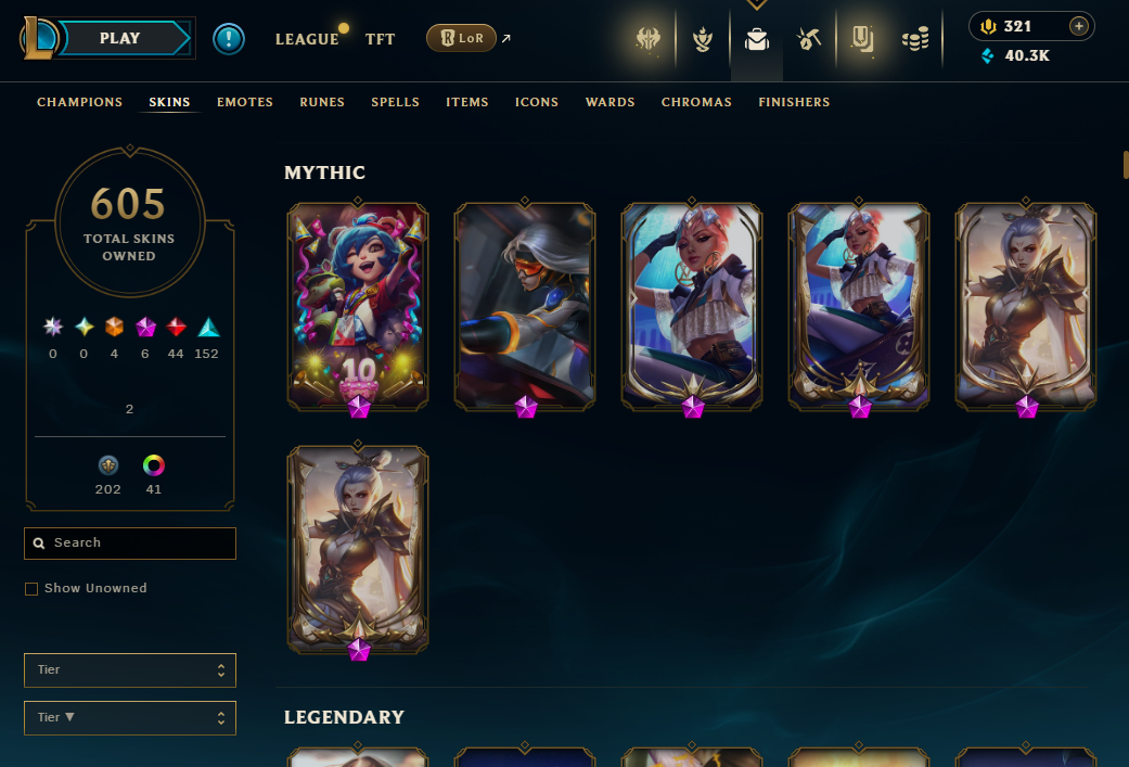 NA | 605 Skins | 162 Champions | PAX Twisted Fate , Young Ryze , Silver Kayle | 5 Mythics | ChicksQLOLS02