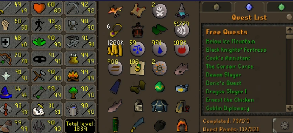 Main | 1830 Total | 130+ QP | 4x 99 Trade Skills | Skilling Outfits | Rare Pet