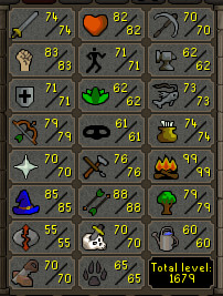 Main | 1670+ Total | 260+ QP | 74 Attack | 83 Strength | 71 Defence | 79 Range | 85 Magic | 70 Prayer | D Defender, Rogue outfit, Pyromancer Petx1