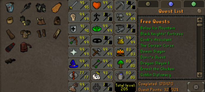 Main | 2050 Total | 321 QP | 95 Atk | 99 Str | 91 Def | 99 Rng | 99 Mgc | Ferocious Gloves | Avernic | Graceful | Barrow Gloves | Ava - ChicksNOS124