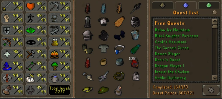 Maxed Main | 2277 Total | 300+ QP | Multiple Max Capes | Avernic | Elite Void | F Cape | Assembler | B Gloves | Torso | Skilling Outfits - ChicksQOS22