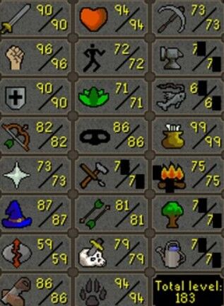 Main | 1830+ Total | 230+ QP | 90 Attack | 96 Strength | 90 Defence | 82 Range | 73 Prayer | 87 Magic | Graceful | Avernic | Fire Cape | Barrow Gloves