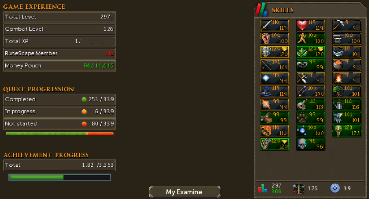 RS3 Main 3060+ Total 390+ QP 110 Attack 100 Strength 120
